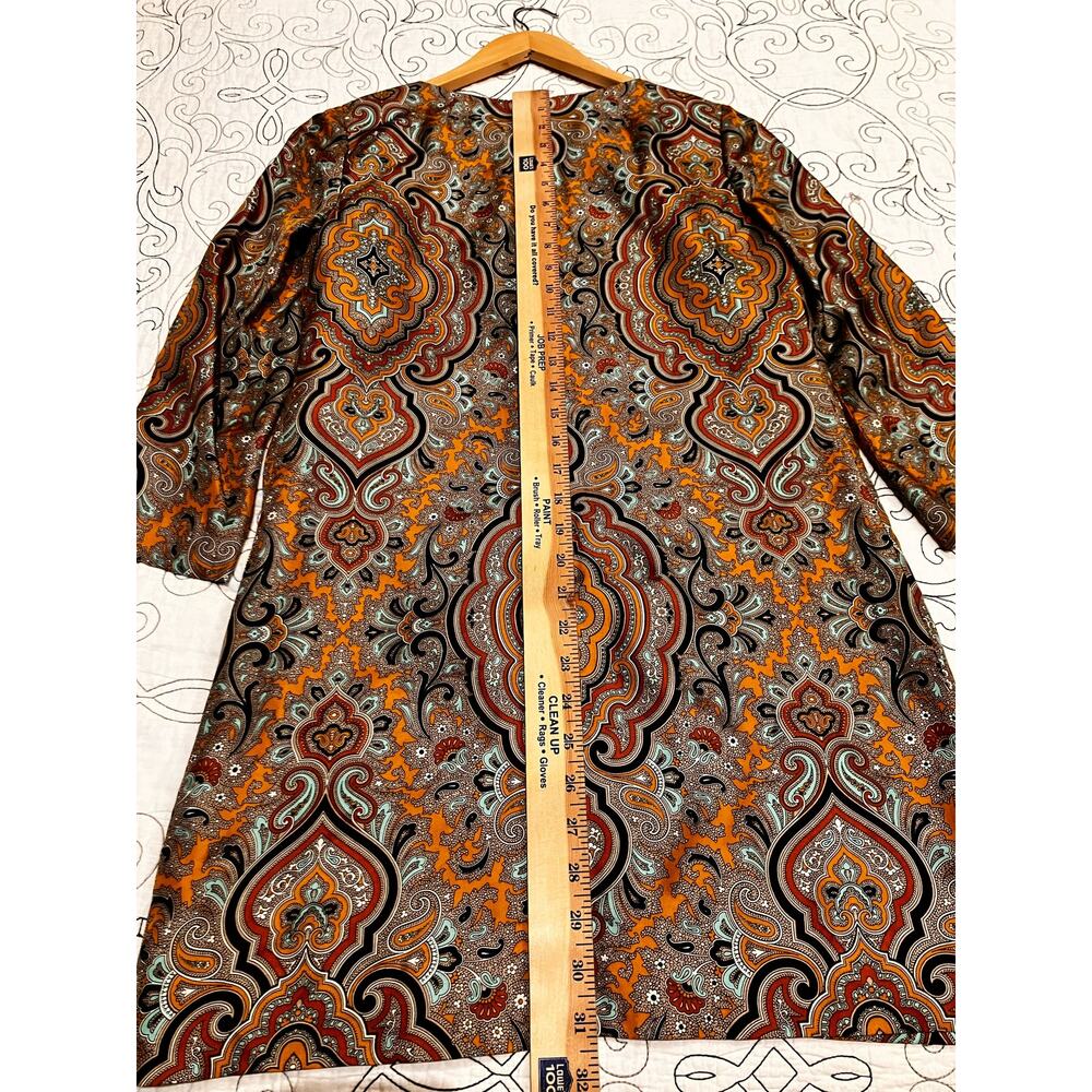 J. Crew Silk Dress Sz 0 Brown Tan Black 3/4 Sleeves Pockets Zip Up Shift Pattern - Picture 6 of 8